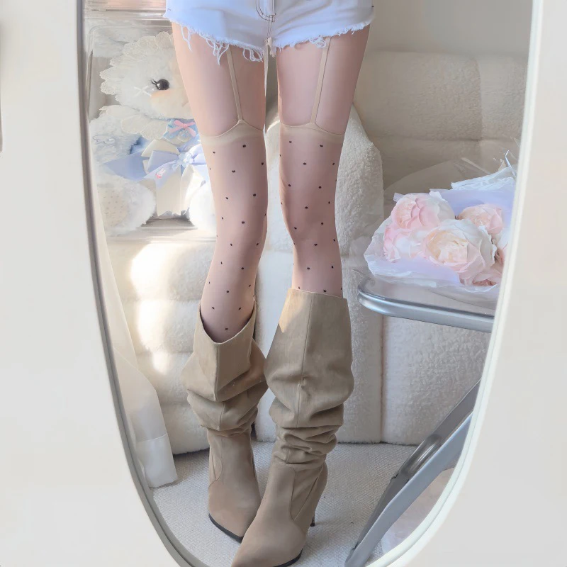 Medias por encima de la rodilla, calcetines negros con lunares hasta el muslo para mujer, estilo de malla transpirable para uniformes de verano o looks de fiesta