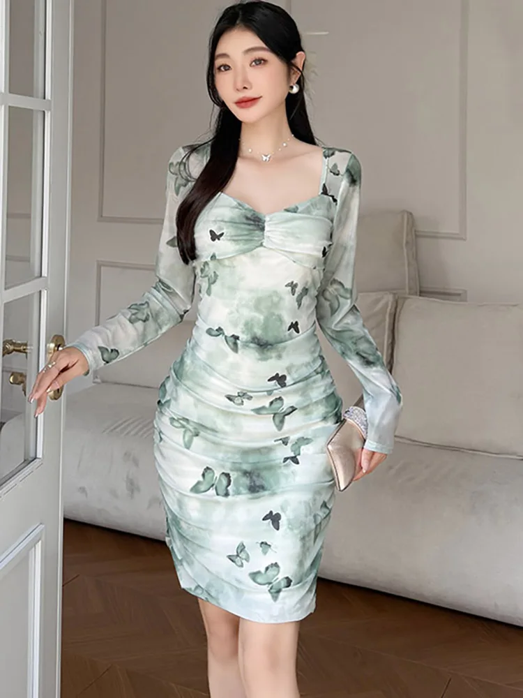 

Летнее зеленое сетчатое платье с квадратным воротником и длинным рукавом, женское элегантное повседневное домашнее платье 2024, корейское модное облегающее платье