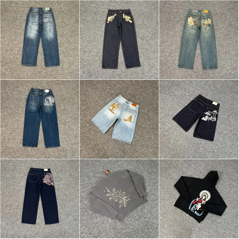 

2025 New Derschutze Blossm Casual High Street Embroidered Sakura Denim Jeans mid Waist Straight Leg Loose Fit Teenager Jeans