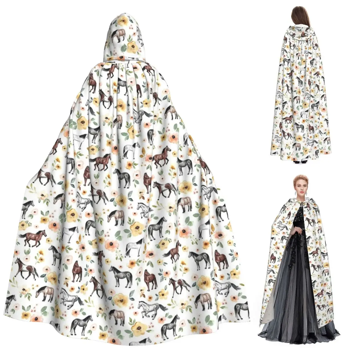 

Лошади с желтыми и розовыми цветами, декор в виде лошади, длинный плащ с капюшоном с акварельным цветочным принтом, средневековый костюм ведьмы, накидка для косплея