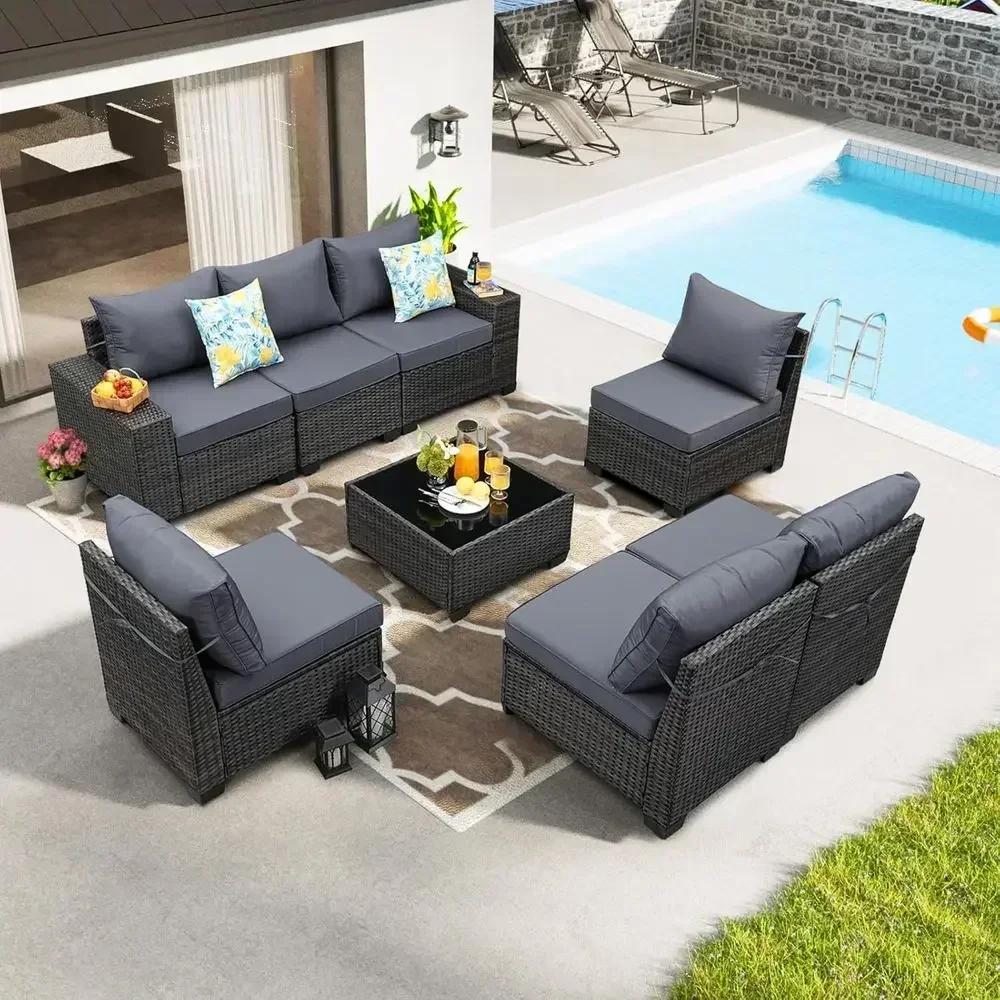 8-Piece Outdoor Wicker Sectional Patio Furniture Set with Cushions and Coffee Table, Ideal for Garden, Backyard, Poolside in Gre