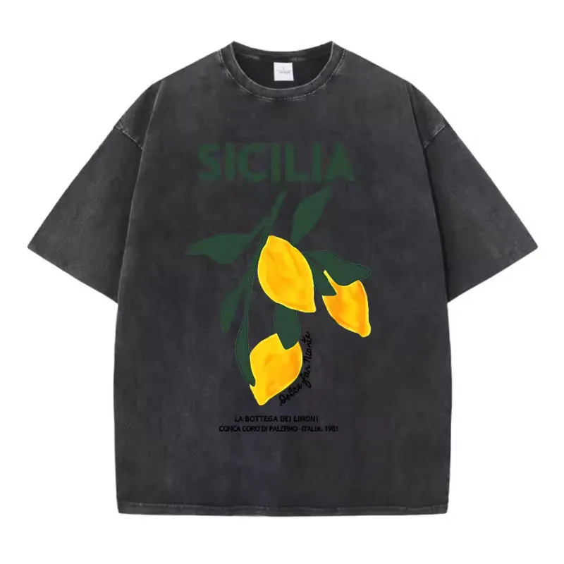 Amalfi Coast Italia Lemon Fruit Design Women Washed T-Shirts Y2K Casual T Shirt Summer  Cotton Loose Short Sleeve