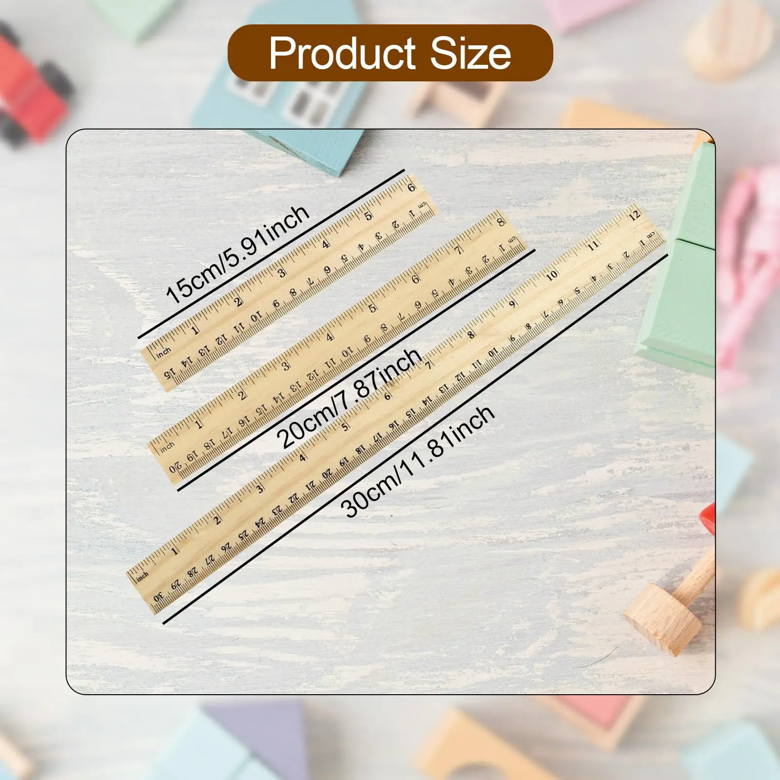 Precise Wooden Measuring Ruler 6 8 12 Inch Raised Beveled Edges for Classroom Homework and Art