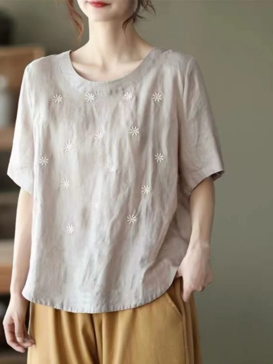

Loose round Neck Printed T-Shirt Women's plus Size Artistic Retro Style Casual Top Fashionable Summer New Arrival Silk Material
