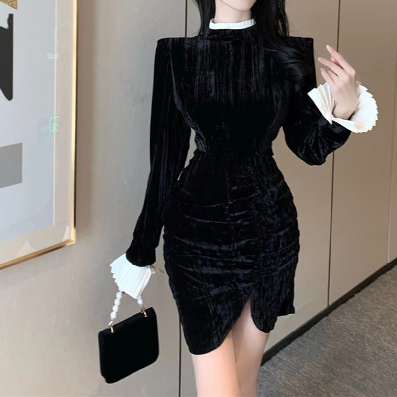 

2024 Autumn socialite long sleeved velvet pleated slit hip hugging dress birthday dress for women slim fit