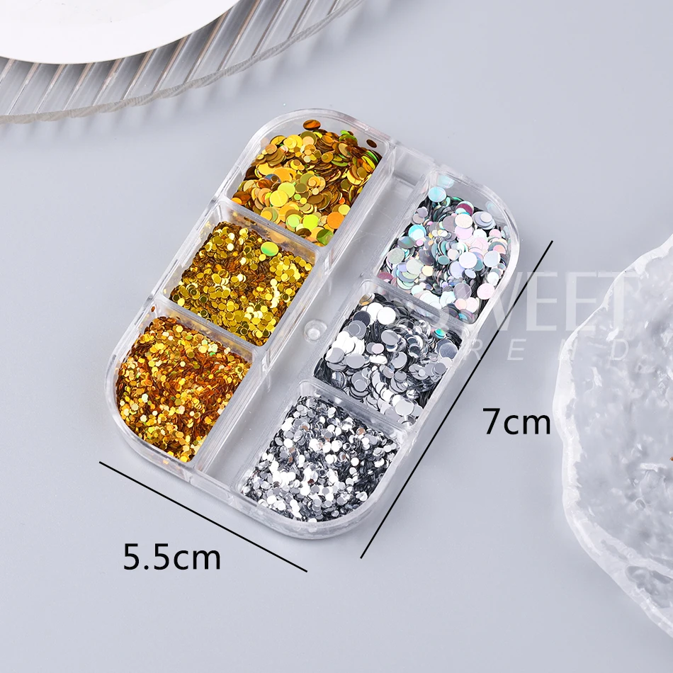 6칸 골드 실버 라운드 네일 스팽글 홀로그램 믹스 반짝이는 라운드 도트 글리터 플레이크 반짝이는 Y2K 매니큐어 장식 플래시