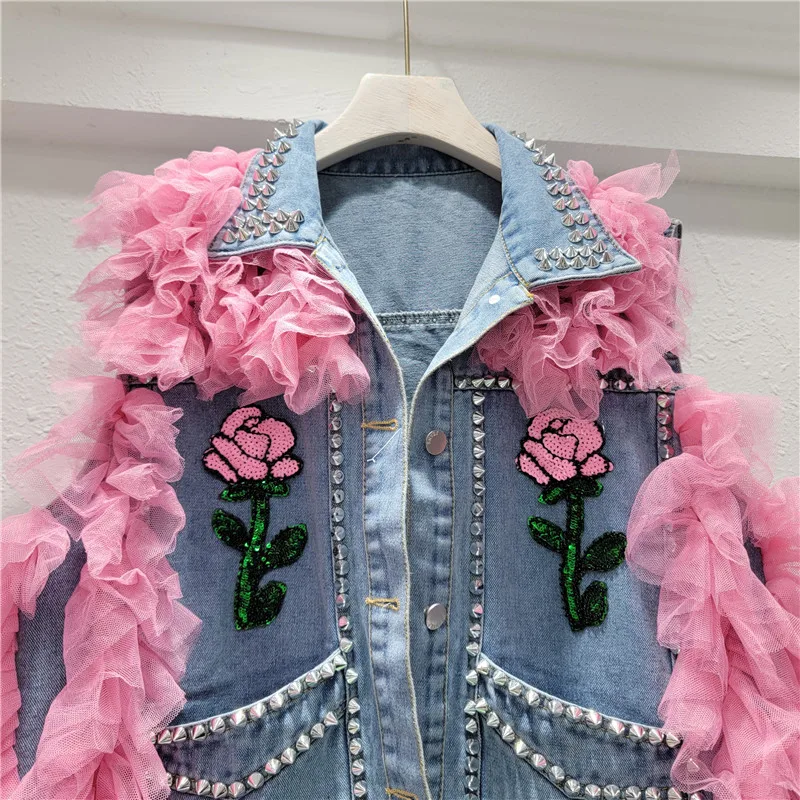 Fashion Rivet Sequin Flower Mesh Stitching Cowboy Vest Women Blue Casual Big Pocket Sleeveless Short Denim Coat Female Waistcoat