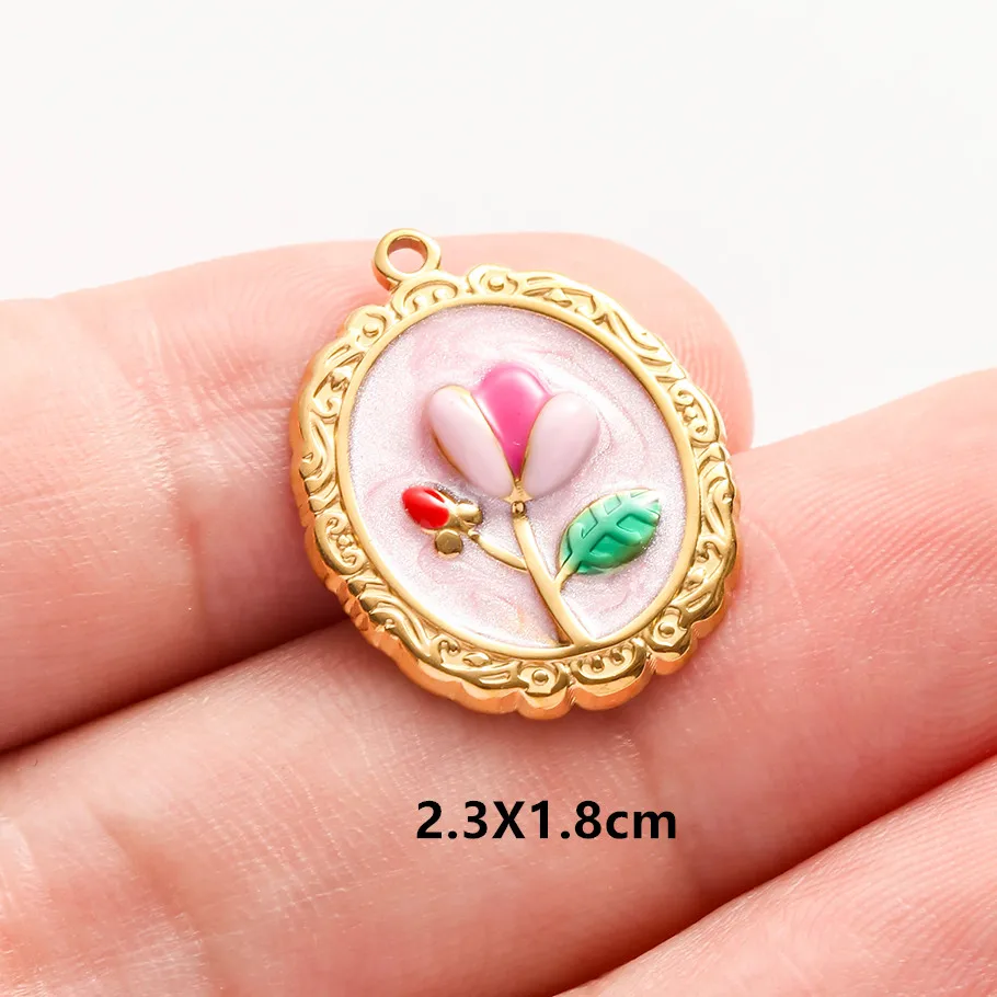 Echte Naturperlen, ovale, unregelmäßige Rosenblüten-Tulpen-Anhänger, bunte Emaille-Charms, Edelstahl-Charms für die Schmuckherstellung, Großhandel. – Detail 5