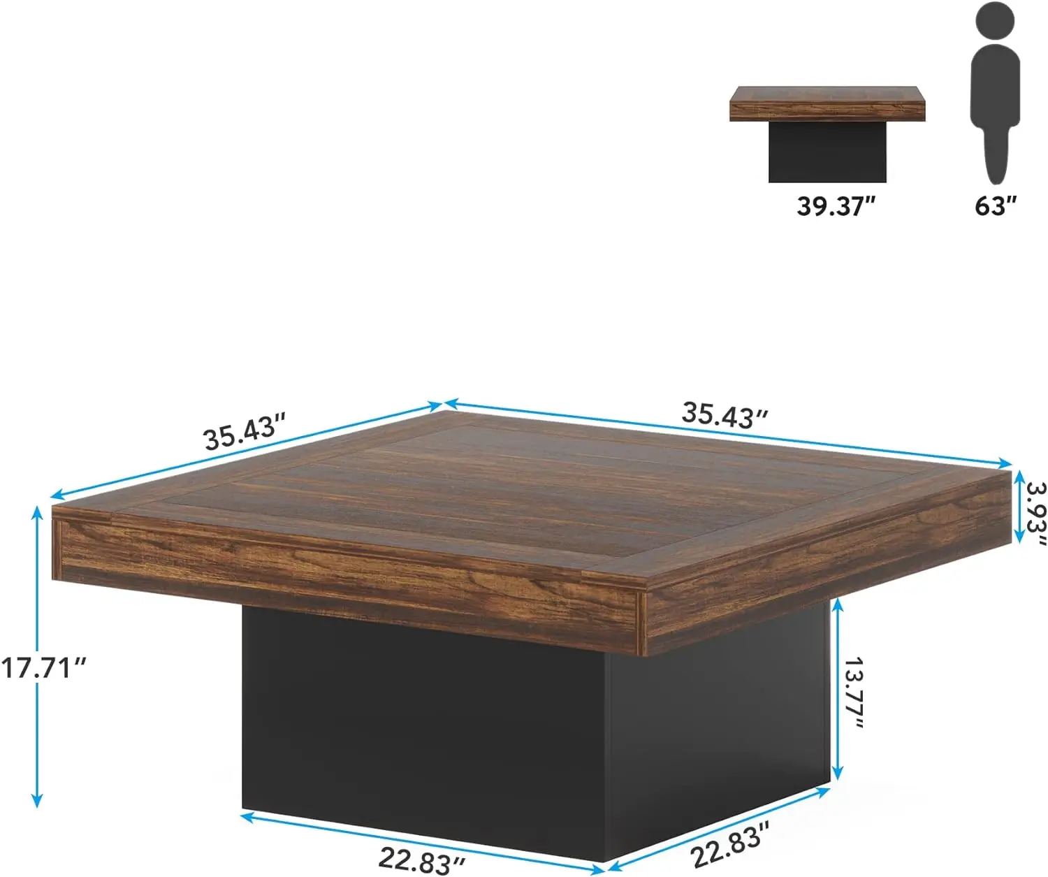 Salontafel Vierkante Led Salontafel Ontworpen Houten Lage Salontafel Voor Woonkamer (Rustiek Bruin + Zwart)