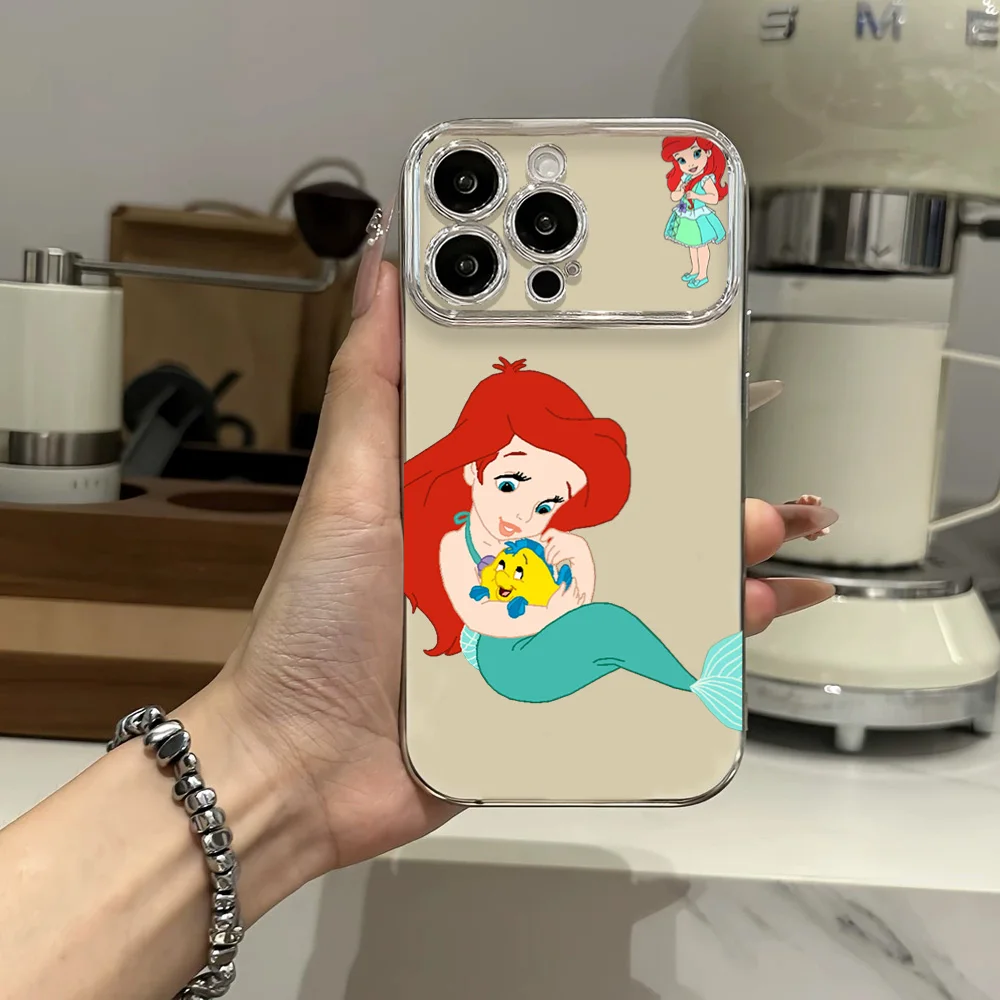 Phone Case For iPhone MINISO A-Ariel P-Princess Line 12 11 13 14 15 16 Max Pro Plus Electroplated Large Window Lens