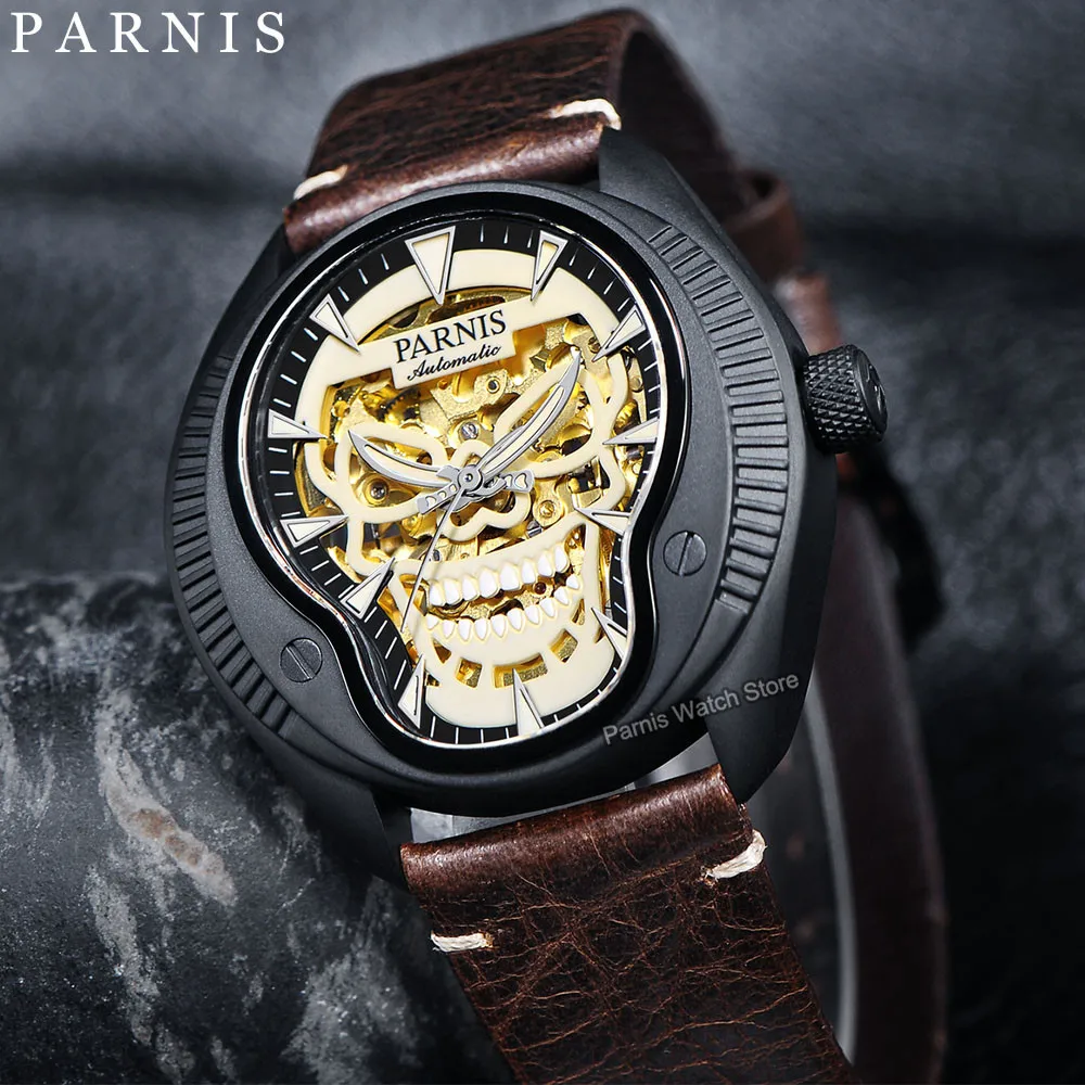 Parnis 43mm Black Color PVD Coated Cool Skull Dial Miyota Automatic Men Mechanical Watch