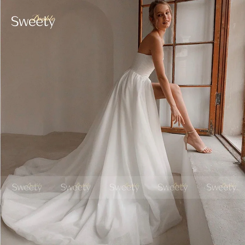 Simplicity Wedding Dress Slit A Line Ball Gown Ruffled Organza Beach Strapless Sleeveless Bride Dress Back Button Robe De Mariee