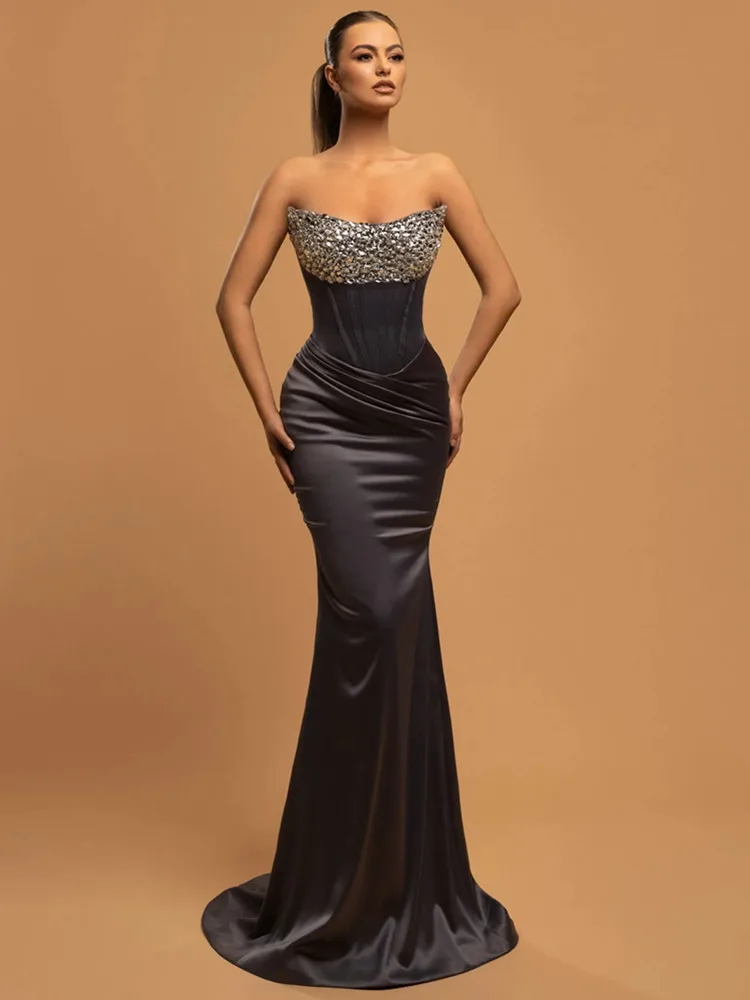 

Women Luxury Sexy Strapless Backless Sequins Beading Mermaid Black Maxi Long Gowns Dress Elegant Evening Party Club Dress