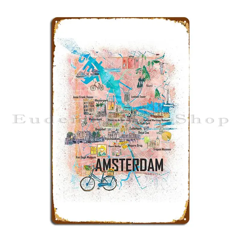 Amsterdam Netherlands Illustrated Map With Main Roads Landmarks And Highlights Metal Signs Garage Iron Cinema Tin Sign Poster