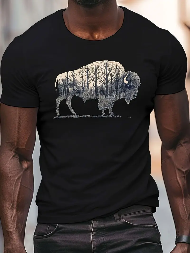 Men's Bison Graphic Oversize T-Shirt Black Crew Neck Breathable Comfort Fit Casual Short Sleeve Top Detailed Forest Bison Print