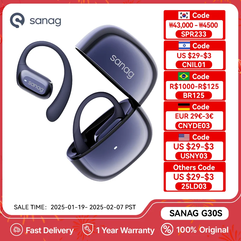 Sanag G30S Earphone Bluetooth 5.3 Open Ear OWS Wireless Headphones HiFi Sound App Control Earbuds Sport Running Earphones