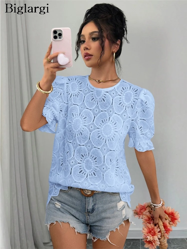 

Summer T-Shirts Women Flower Embroidery Hollow Out Patchwork Fashion Ladies Blouses Casual Loose Puff Sleeve Woman T-Shirts
