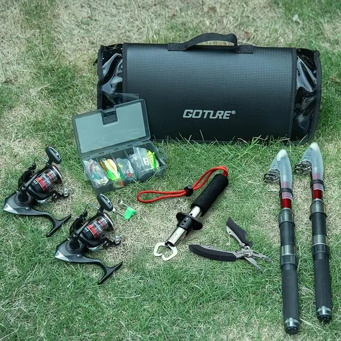 

Goture, 2 шт., черная, красная удочка, катушка, комбинированная 1,8-2,7 м, телескопический комплект с предварительно намоткой, инструмент для приманки, дорожные подарки для морской и пресной воды