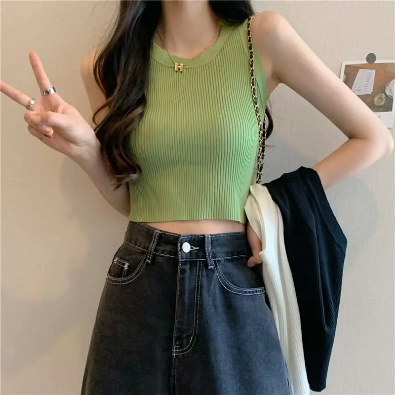 

Spring/Summer 2023 New Korean Green Knitted Suspender Sleeveless Top Women Wear Tight Cropped Vests Tank Tops