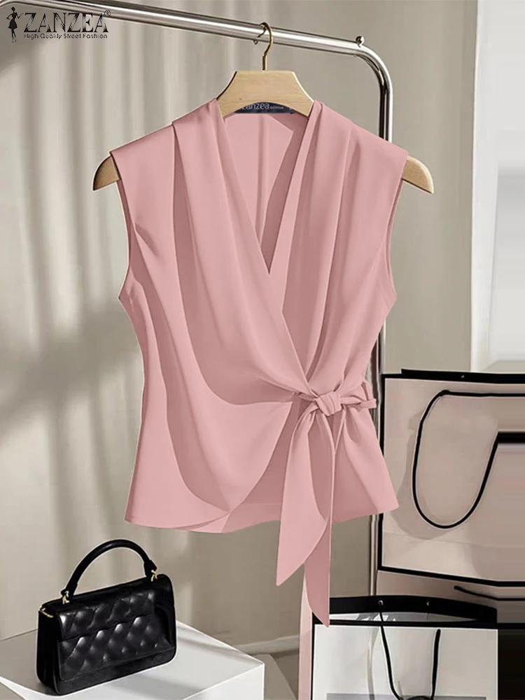 

ZANZEA Elegant Women Wrapped Tank Tops 2025 Summer Fashion V-Neck Tied Waist Sleeveless Tops Streetwear Chic Solid Color Blouses