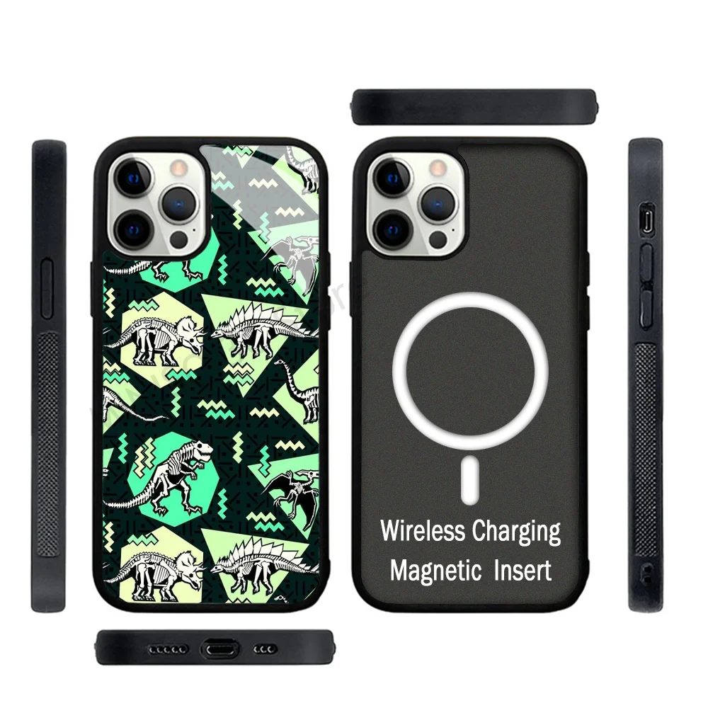 Neon Skeleton Dinosaur Pattern Phone Case Strong Magnetic For IPhone 15 14 13 Pro Max 11 12 Mini For Magsafe