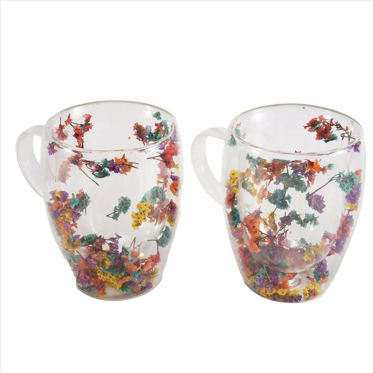 ABJS 2PCS Fillings Dry Flowers Double Wall Glass Cup with Handle Heat Hot Cold Beverage Tea Coffee Insulated Mug