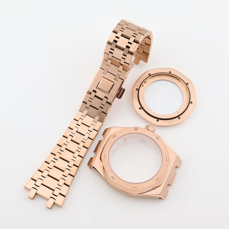 42 مللي متر PVD الذهب الملكي البلوط الفولاذ المقاوم للصدأ ساعة الحالات مع كريستال الياقوت ل Seiko Mods NH35 36 استبدال أجزاء الحركة #4