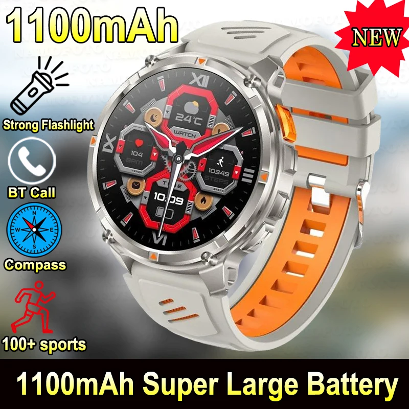 

Men Outdoor Sports Smart Watch 1100mAh Large Battery Strong Flashlight Compass BT Call Wrist Watches Health Tracker Smartwatch