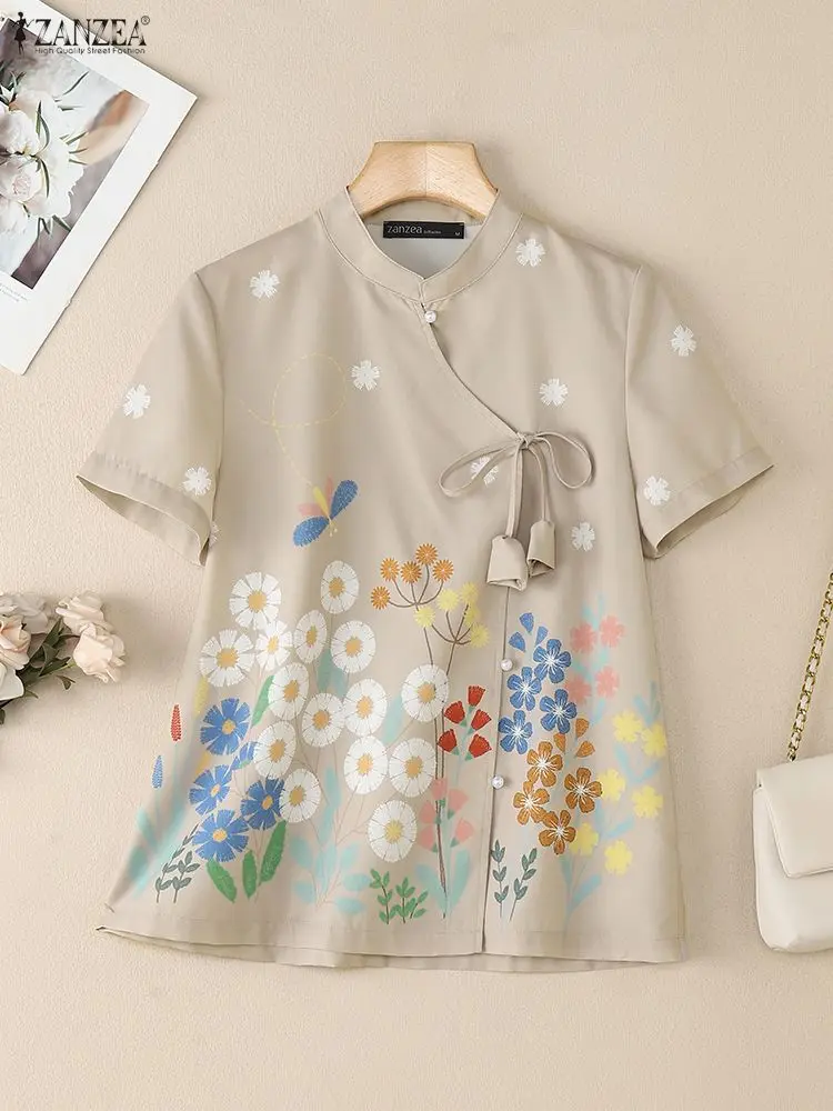 

2025 ZANZEA Summer Women Tops Elegant Stand Neck Work Blouse Chinese Style Blouses Short Sleeve Blusas Vintage Printed Shirts
