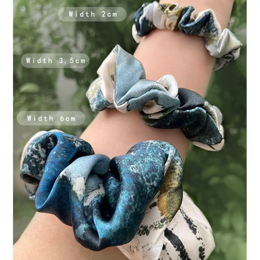 100% Pure Silk Hair Scrunchies Blue Floral Set Silk Elastic Band Set Big Ponytail Holder for Women Girls Big Hair Ties