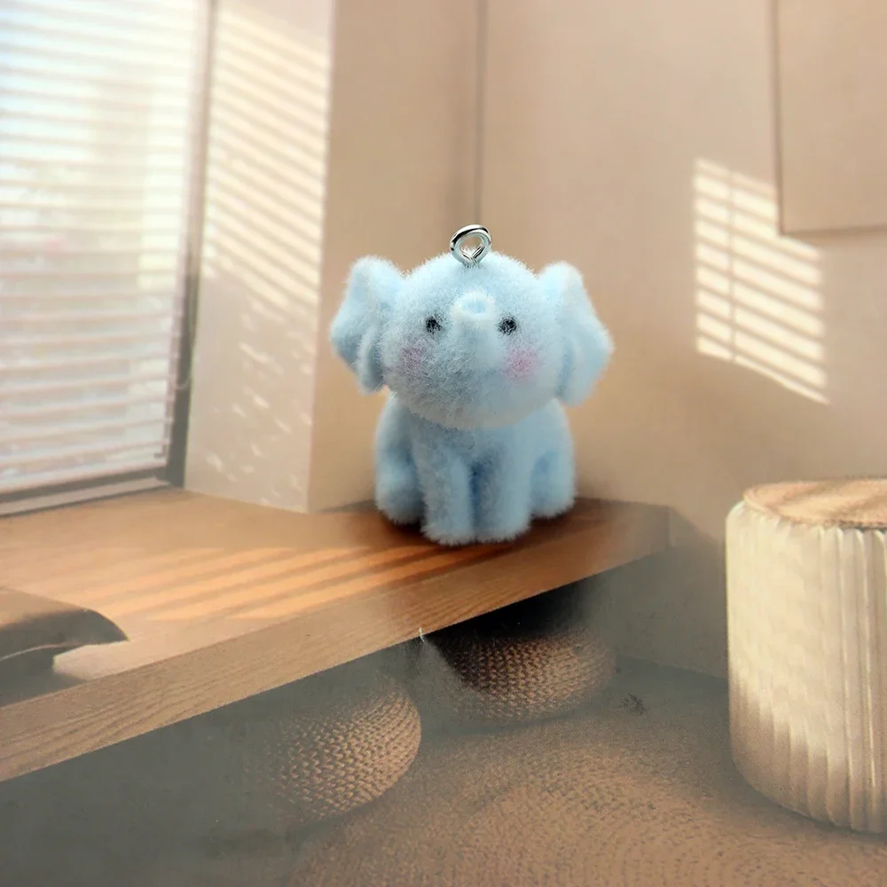 20Pcs 3D Cute Flocking Mini Elephant Resin Charms Cartoon Animal Pendant Wholesale Bag Keychain Earrings DIY Crafts Jewelry Make