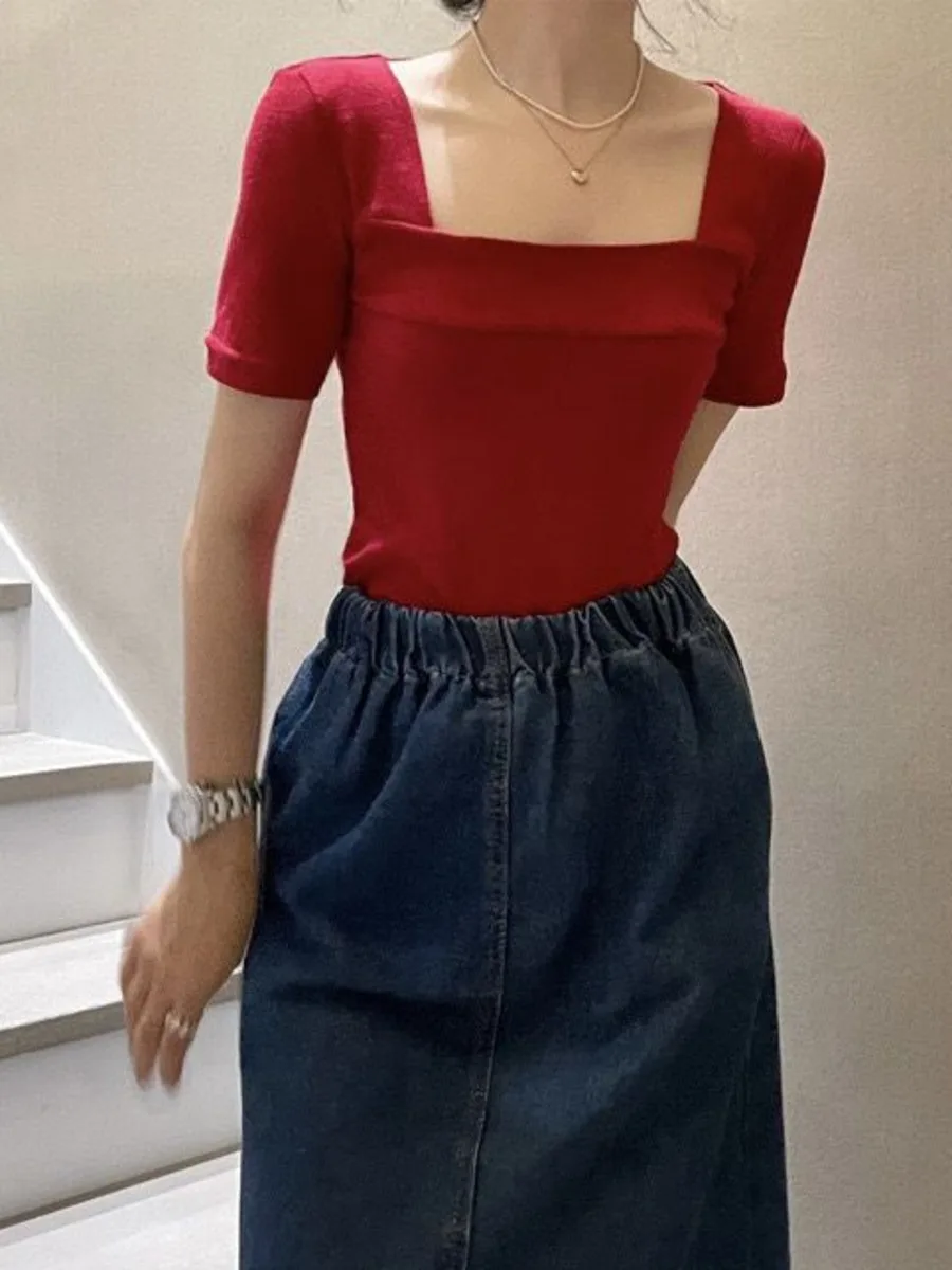 Vintage French Square Neck T-shirt Short Sleeved Women's Summer Slim Fit Short Top Trend Cropped Tee Chic