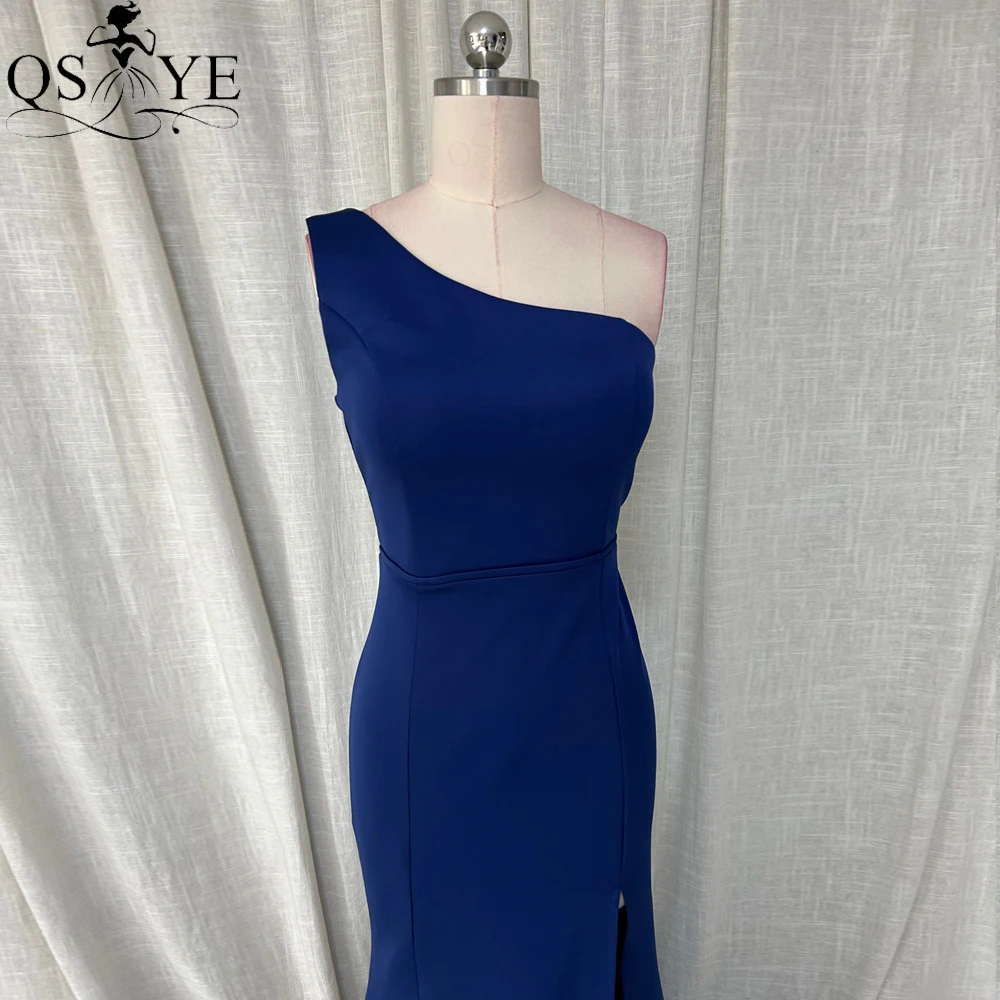 Eine Schulter einfache Marine Abendkleider Meerjungfrau langes Ballkleid sexy offen gespaltene elastische Satin schlichte Frauen Blue party Abendkleid