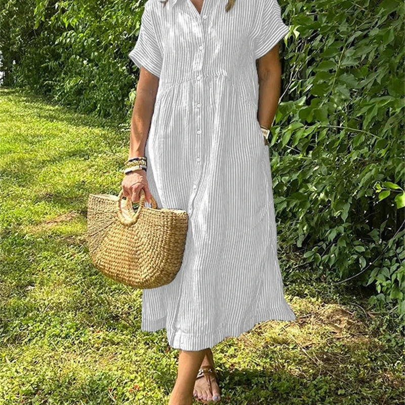 Vestido camisero de verano para mujer, vestido veraniego por debajo de la rodilla de manga corta de lino y algodón holgado informal, cómodo y ligero, 2025