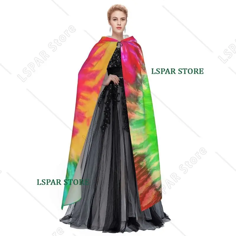 Custom Rainbow Tie Dye Long Hooded Cloak Witch Medieval Costume Cosplay Cape Halloween Coat for Adults