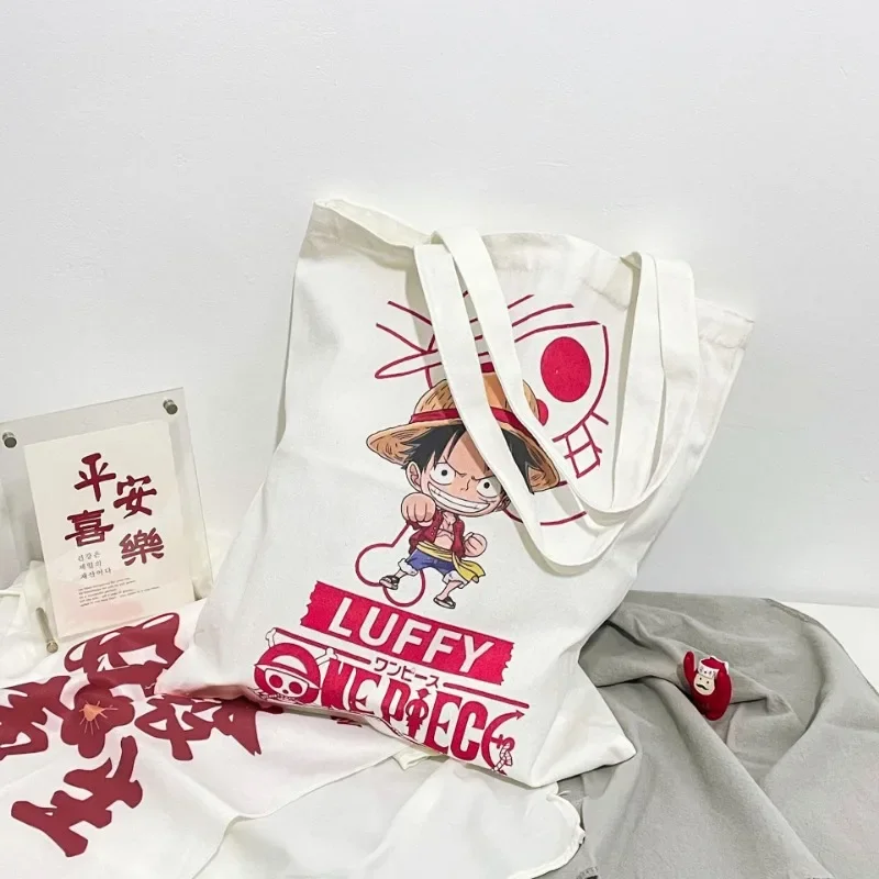 One Piece Luffy Shoulder Bag Canvas Tote Cartoon Anime Commuter Book Stationery Storage Bags Women Large Capacity Shopping Bag