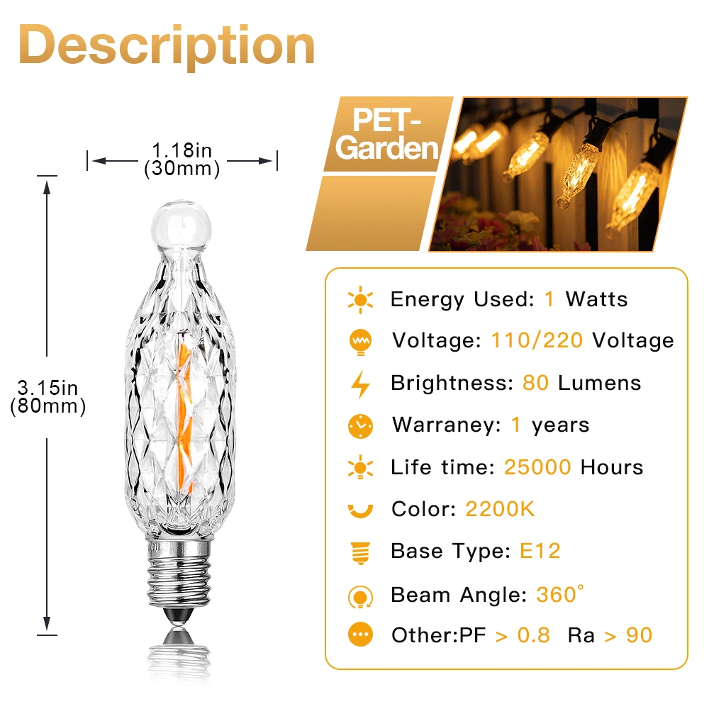 Ampoule de Veilleuse en Plastique E12 110V 220V 1W Dimmable 2200K Wisure en Forme de Tour, Guirxiété Lumineuse de Jardin de Noël, Remplacer l'Extérieur