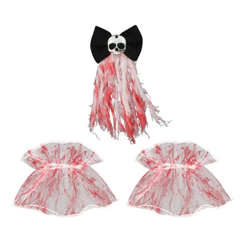 Eye-catching Wrist Accessory Spooky Skull Bow Hairpins Lace Fingerless Gloves Set for Halloween Masquerade Wedding for Thriller