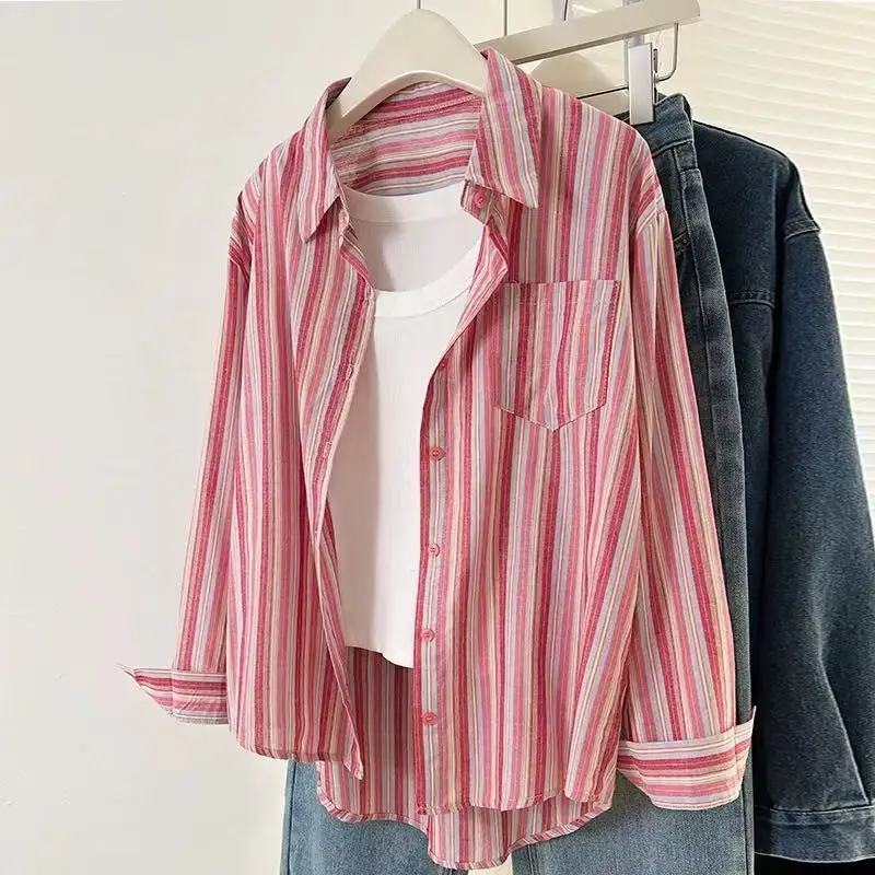 

Lapel Design Striped Shirt Jacket for Women Autumn 2025 New Loose Cardigan Long-sleeved Versatile Top