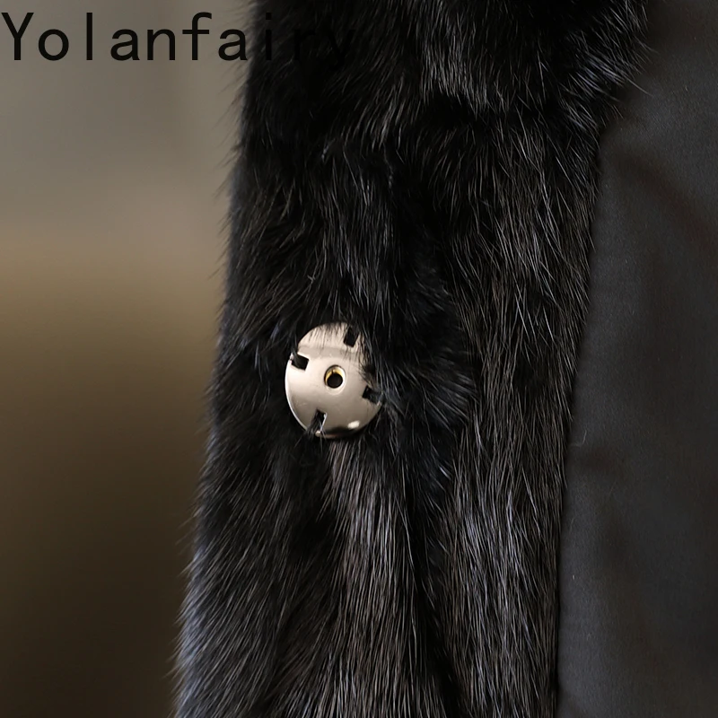 YOLANFAIRY جديد جودة عالية الربط قطع من سترات فرو المنك للمرأة دعوى طوق كم طويل معطف الفرو الحقيقي سترة قصيرة الفراء