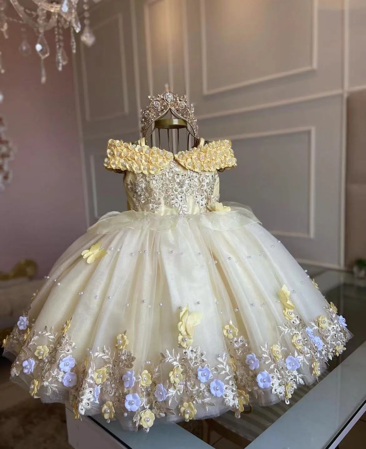 Urocza sukienka dla dziewczynki sypiącej kwiaty na wesele, aplikacje 3D, perły, szyta na miarę, tiulowa koronka, sukienka na urodziny dla dziewczynki, Pierwsza Komunia, suknie balowe