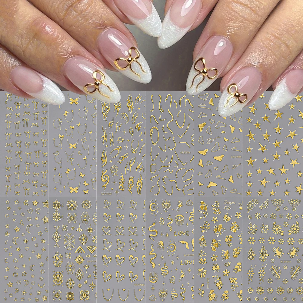 Adesivo per nail art bohémien con fiore dorato 3D Fiore abbronzante Stella floreale Bowknot Amore Decalcomanie per nail art Y2k Cursore per unghie autoadesivo