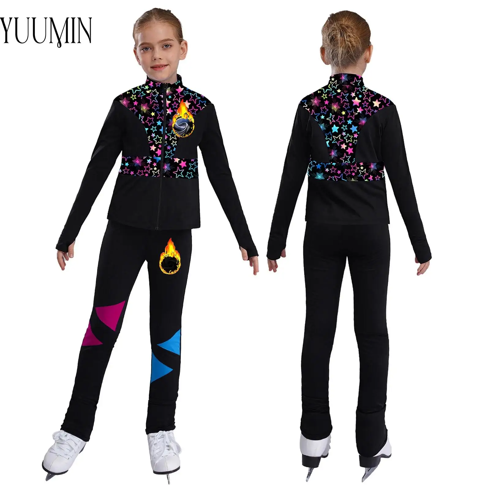 Neues stilvolles Eiskunstlauf-Outfit, langärmeliges bedrucktes Sweatshirt mit Leggings, Gymnastik, Tanz, Sport, Trainingskleidung für Kinder und Mädchen