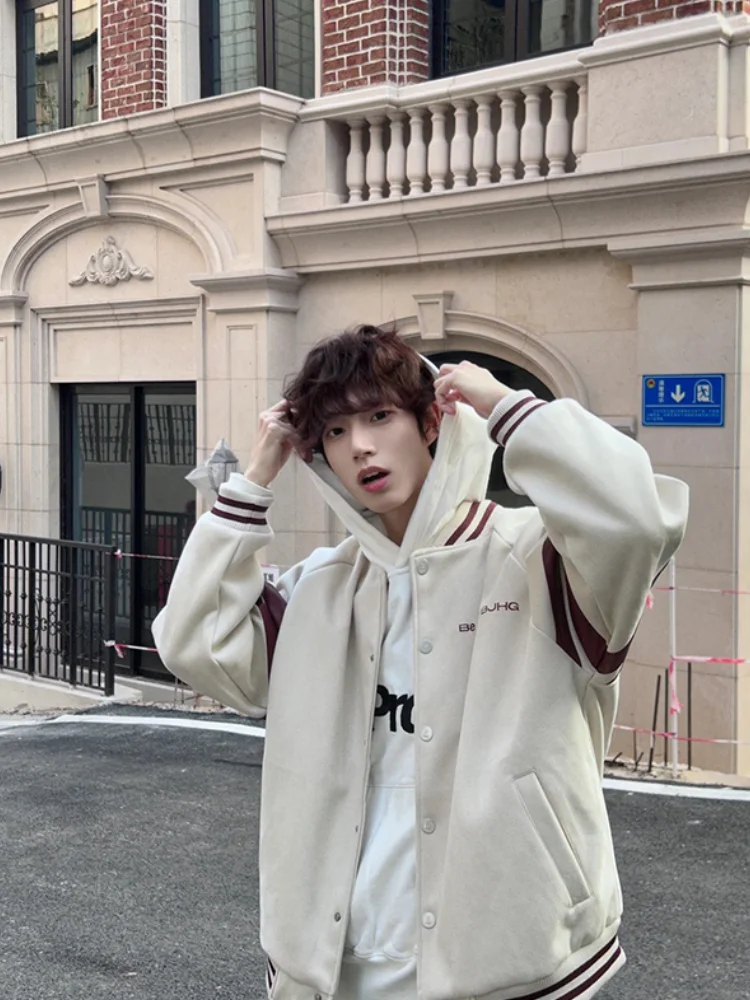 

Trendy Stripe Baseball Jaet Men's Autumn Winter High-End Retro Print Casual Sle Coat Loose Fit Color Blo Antibacterial