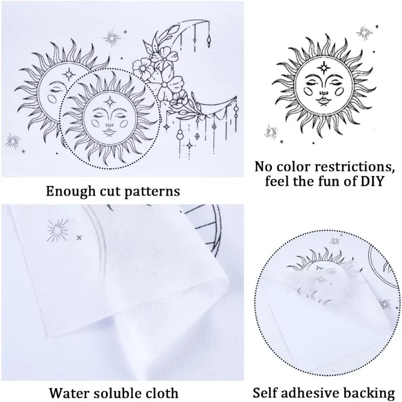 3 Sheets Sun and Moon Water Soluble Embroidery Patterns Stabilizers Hand Sewing Stick and Stitch A4 Transfers Fabric Wash Away