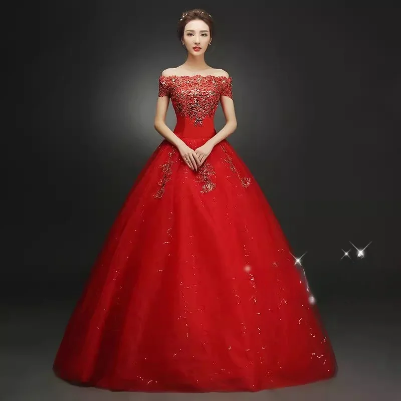 It's Yiiya Red Wedding Dress Crystal Off the Shoulder Lace up Sequin Bling Floor length Princess Plus size Bride Ball Gown XN080