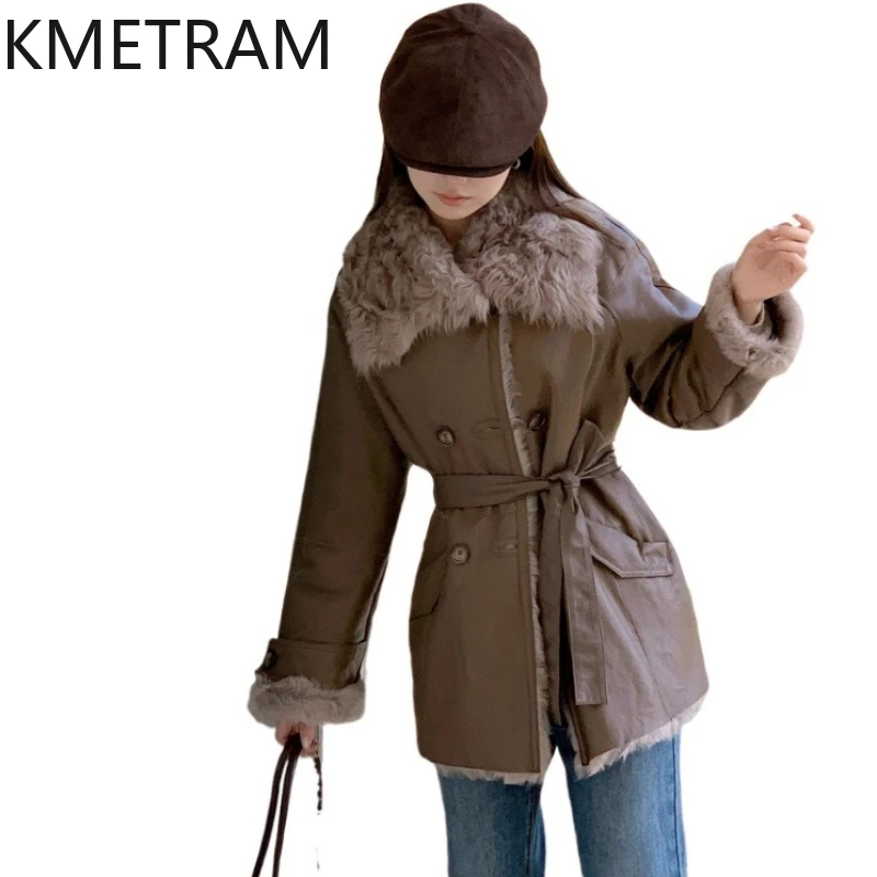 KMETRAM Natural Wool Sheepskin Double Faced Fur Coat Woman Luxury Mid Length Real Fur Jacket 2025 Winter Clothes шуба женская