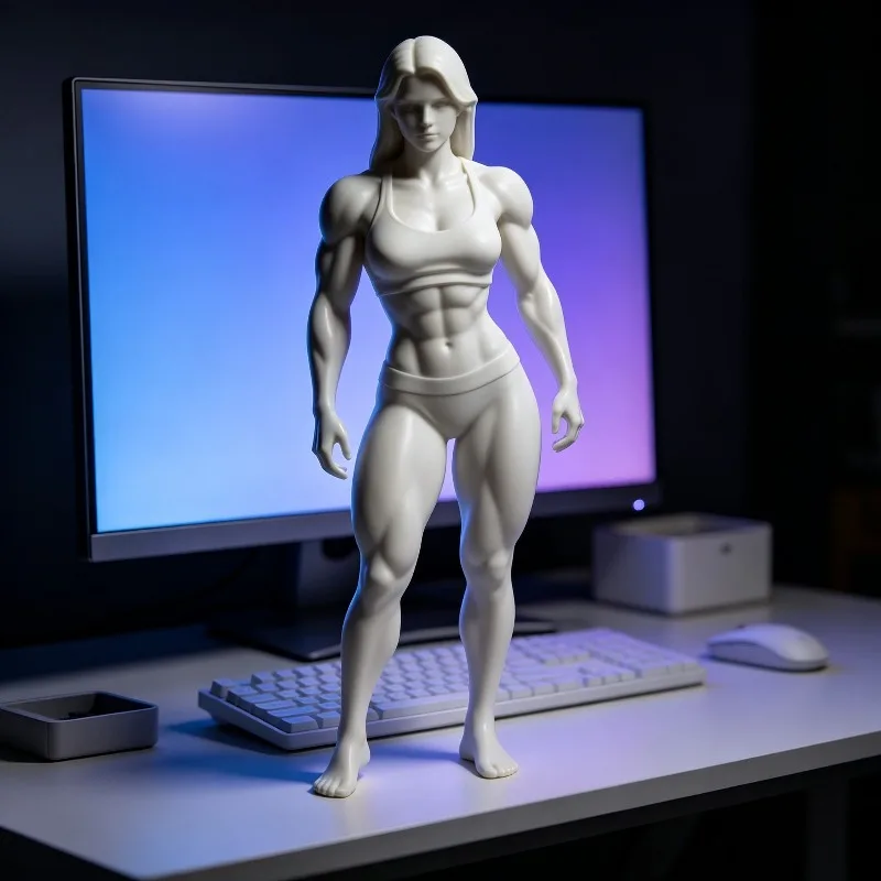 3D Printing Female Muscle Fitness Body Sculpture White 3D Model Pure Desire Long Hair Handmade Ornament