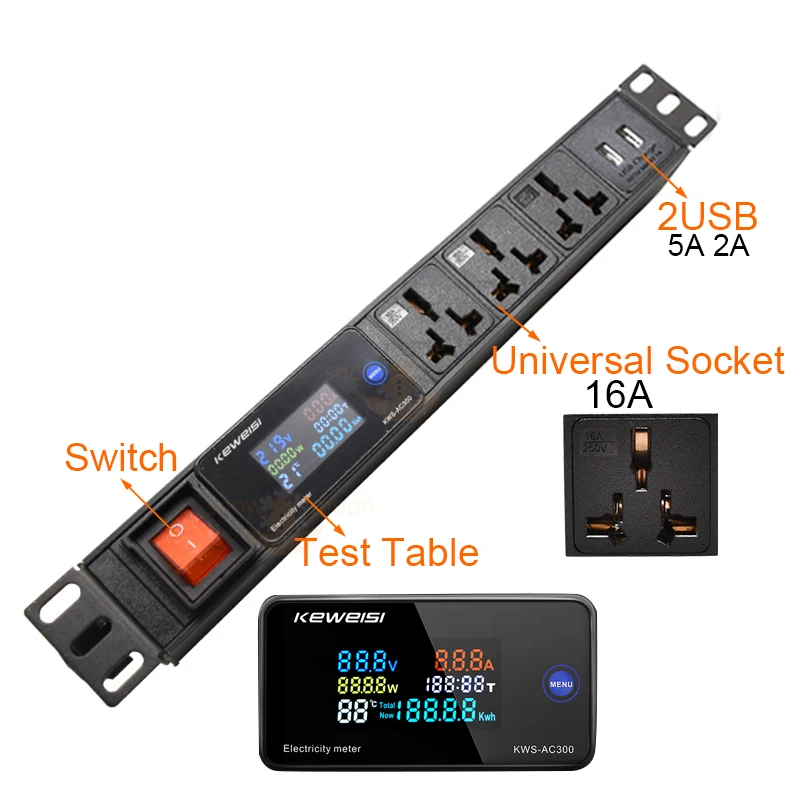 Power board voltage/current/power measuring instrument 16A universal socket 2 USB port 2 meter jumper