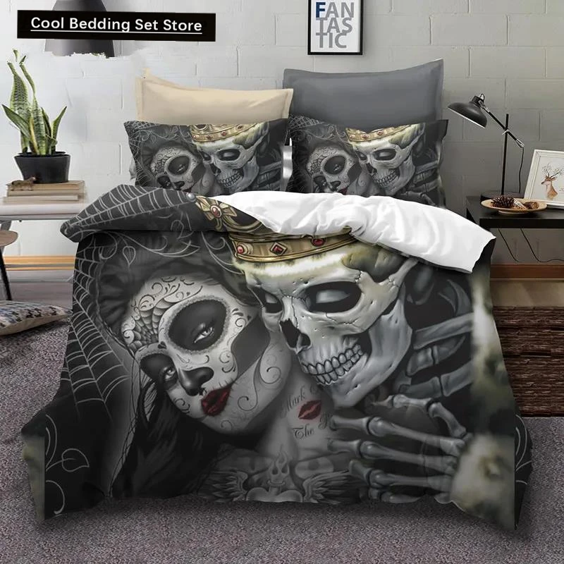 Sugar Skull Bedding Sets King Beauty Kiss Skull Duvet Cover Bed Set Bohemian Print Black Bedclothes Queen Size Bedline